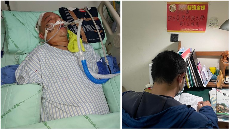 左圖為阿榮1月中因腦出血仍昏迷不醒住院。阿玲提供。右為小豪正準備統測盼父親能快點醒來。李佳玲攝 左圖為阿榮1月中因腦出血仍昏迷不醒住院。阿玲提供。右為小豪正準備統測盼父親能快點醒來。李佳玲攝