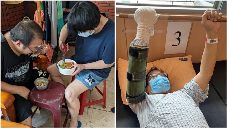 左圖為楊東財(左)每住院28天後要出院15天,妻子鄭淑眞(右)工作午休返家照顧。李佳玲攝。右圖為楊東財住院復健,盼快點好起。鄭淑眞提供。 左圖為楊東財(左)每住院28天後要出院15天,妻子鄭淑眞(右)工作午休返家照顧。李佳玲攝。右圖為楊東財住院復健,盼快點好起。鄭淑眞提供。