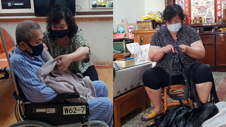 左圖為阿珍(後)陪罹癌先生阿凱做放療。右圖為阿珍努力做家庭代工撐家。韓旭爾攝 左圖為阿珍(後)陪罹癌先生阿凱做放療。右圖為阿珍努力做家庭代工撐家。韓旭爾攝