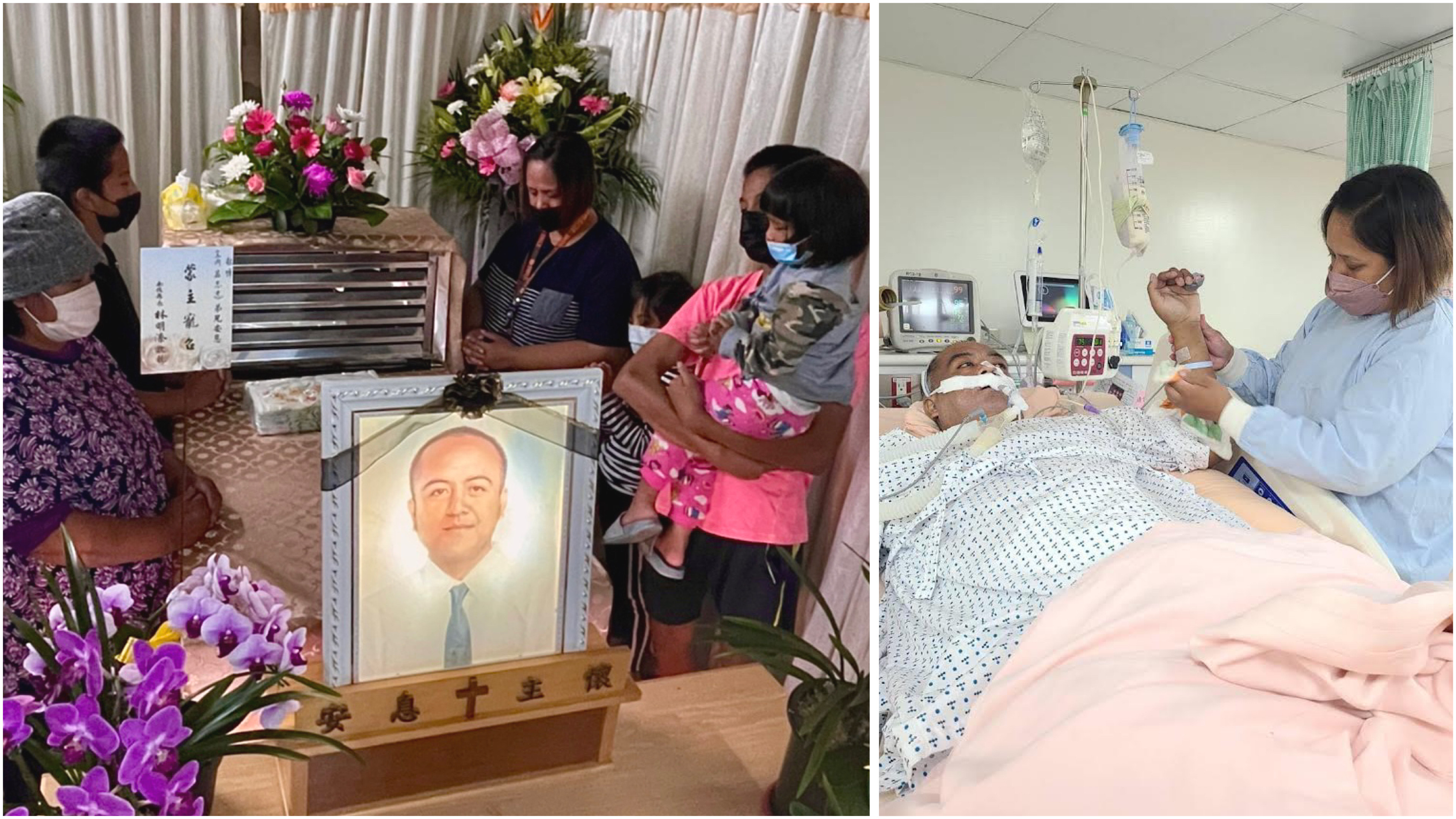 右圖為罹胃癌阿忠生前住於呼吸照護病房,妻子米亞萍(右)幫先生按摩手腳。李佳玲攝。左圖為阿忠難敵癌魔病逝,米亞萍(右後)與4子女及婆婆(左前)在先生阿忠靈堂前,盼他安心離世。米亞萍提供 右圖為罹胃癌阿忠生前住於呼吸照護病房,妻子米亞萍(右)幫先生按摩手腳。李佳玲攝。左圖為阿忠難敵癌魔病逝,米亞萍(右後)與4子女及婆婆(左前)在先生阿忠靈堂前,盼他安心離世。米亞萍提供