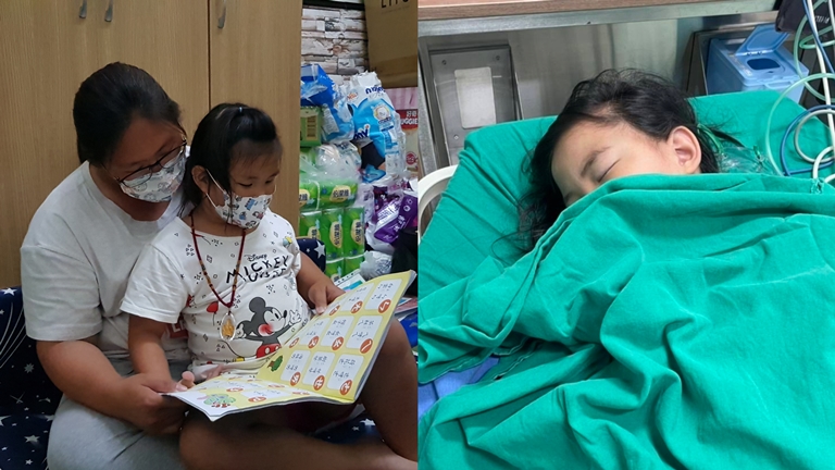 左圖為阿慧教導圖像辨識能力較弱的小臻認識注音符號。右圖為小臻每月定期回診做眼底鏡檢查。韓旭爾攝 左圖為阿慧教導圖像辨識能力較弱的小臻認識注音符號。右圖為小臻每月定期回診做眼底鏡檢查。韓旭爾攝