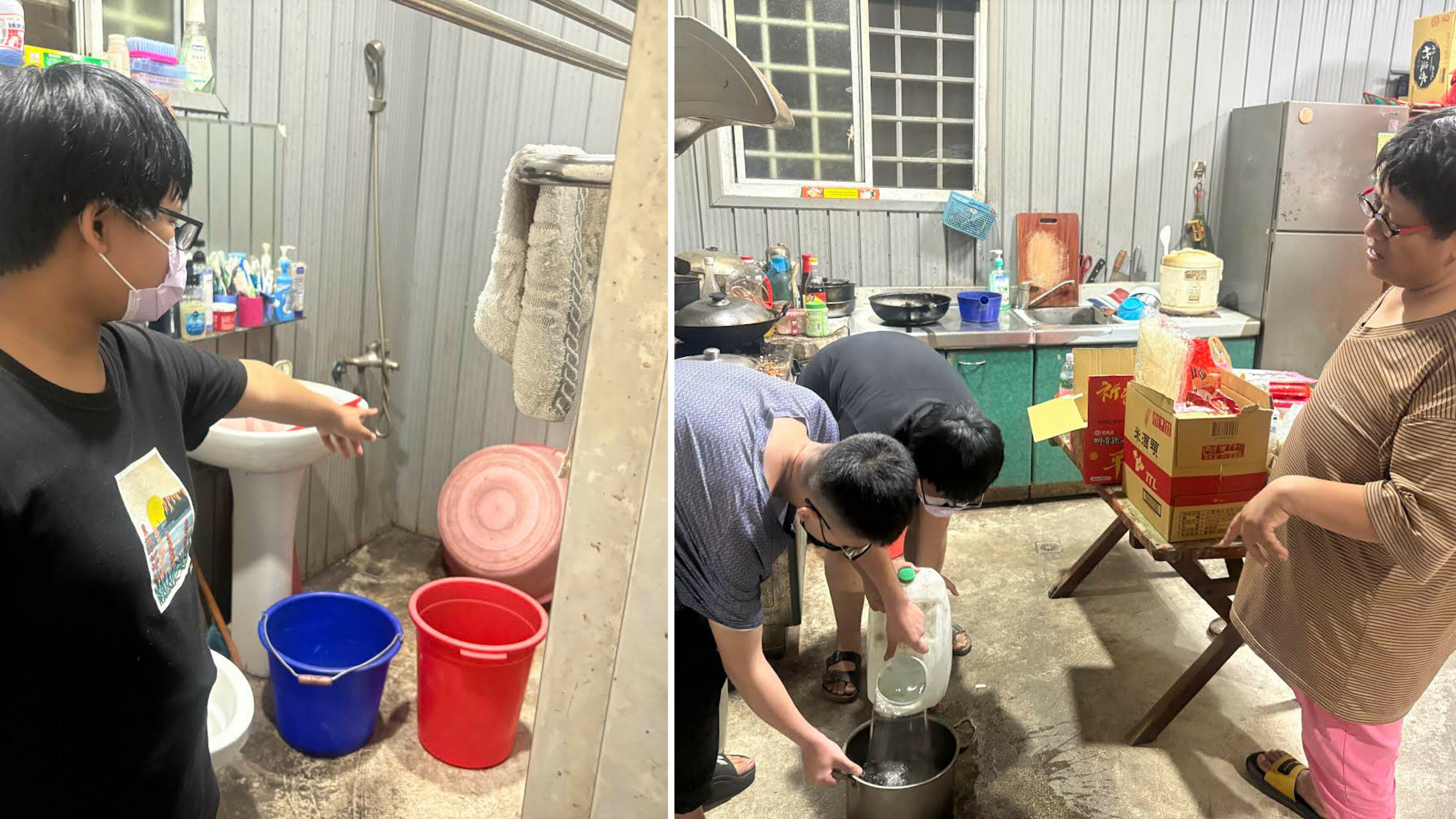 右圖是阿宜(右)家自來水管破損後無水更用，須至少半小時路程至加水站裝水再燒水洗澡，她無力搬重都由2子女協力。左圖為女兒小萱說，家中浴室環境簡單，燒水後將熱水倒到塑膠桶內再慢慢洗澡。李佳玲攝